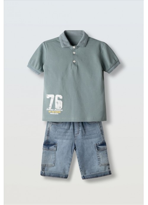 15769-Σετ βερμούδα τζην με μπλούζα πόλο Hashtag